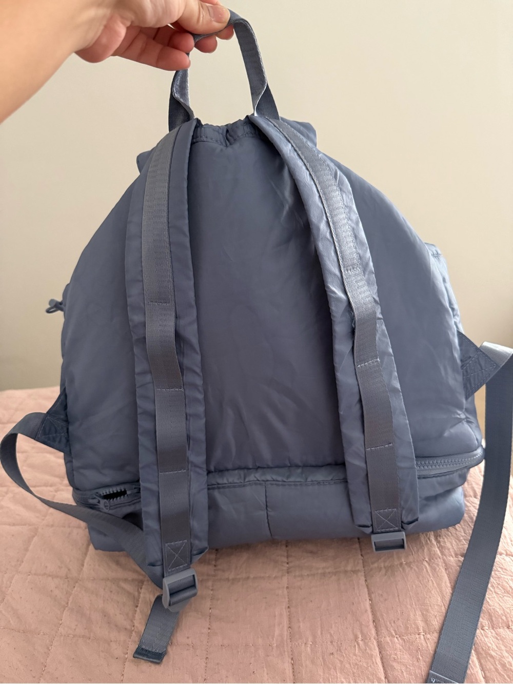 Blue Quilted Nylon Drawstring Backpack - Picture 3 of 5